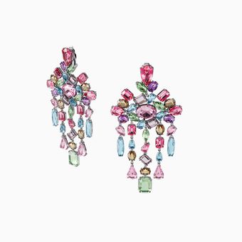 Gema clip earrings, Chandelier, Multicolored, Rhodium plated